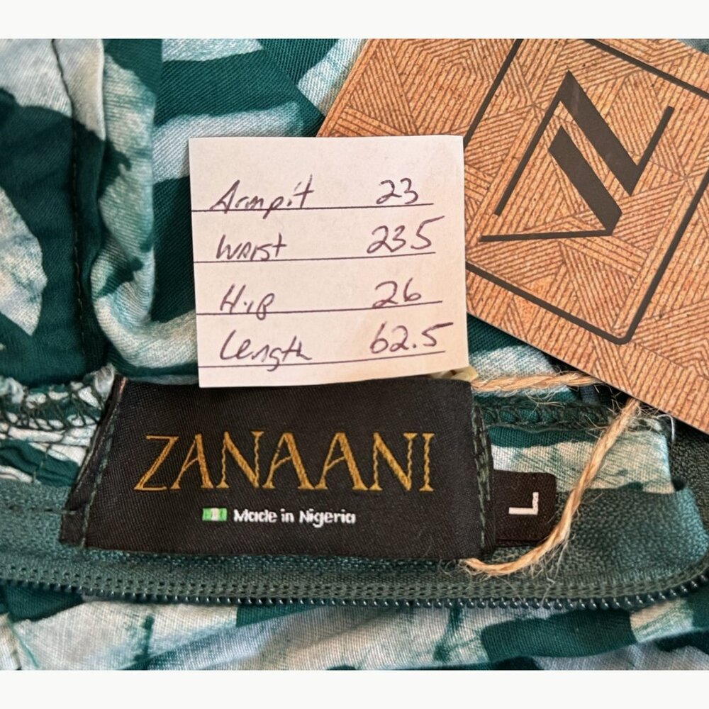 Zanaani Toyin Geometric Print Maxi Dress Sz Large Teal Green Mock Neck Pockets - Picture 2 of 14